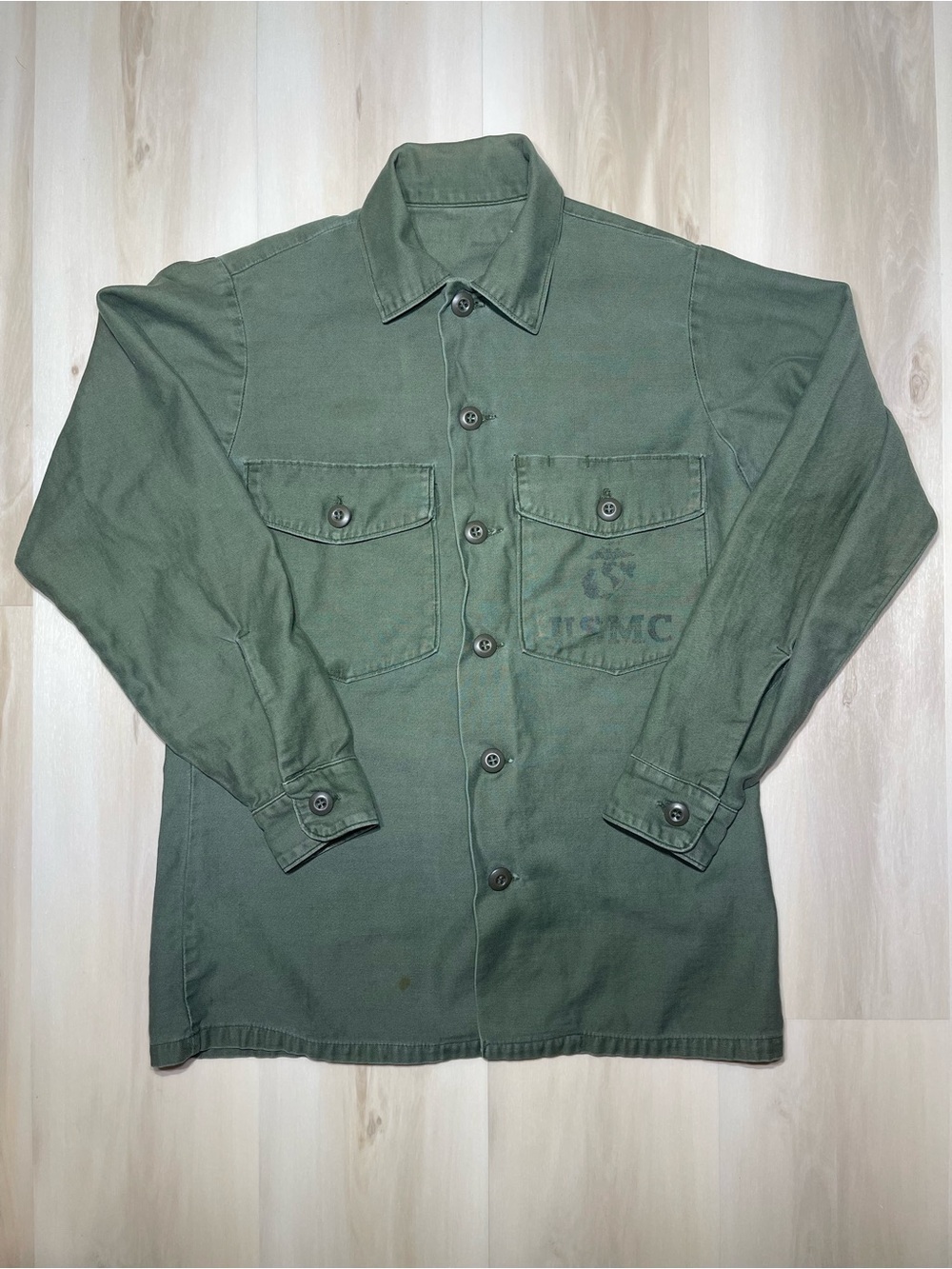 1966 Vintage USMC OG-107 Sateen Sz M/L Cotton Utility Shirt XL 60s Marines